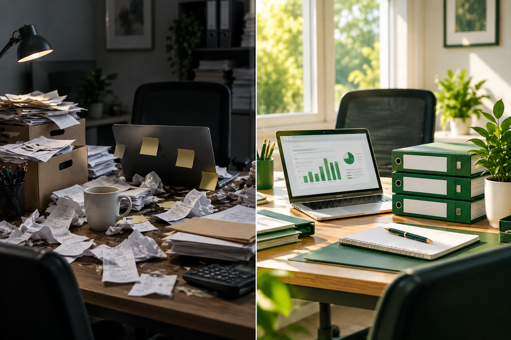 Before and after bookkeeping clean up, showing a cluttered desk of receipts next to organized financial records
